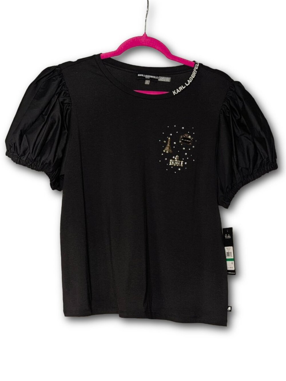 NWT Karl Lagerfeld Paris Size L Black Puff Sleeve Tee Top w/ Metal Charm Detail